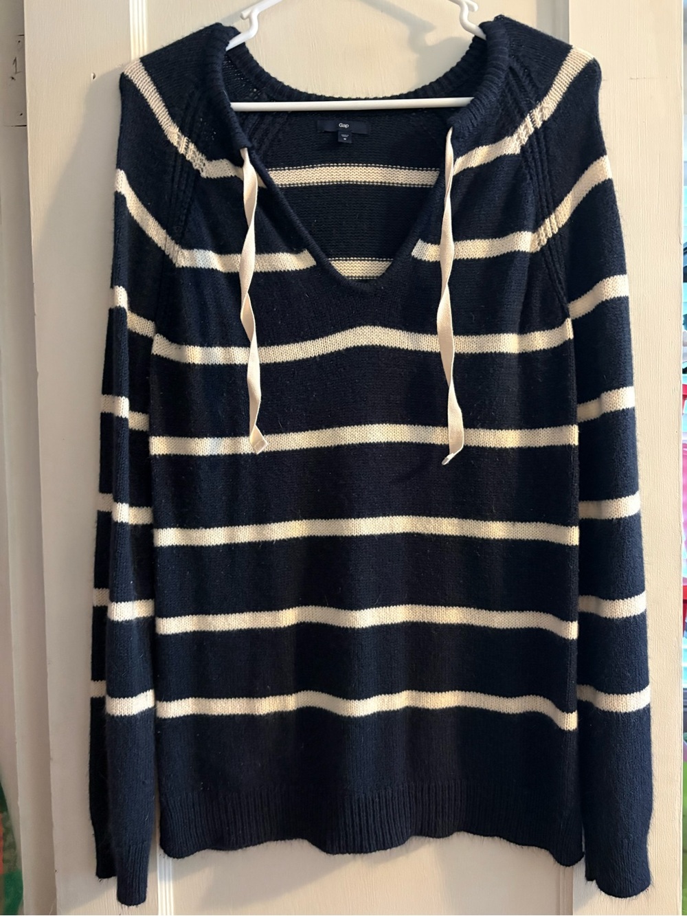 Cozy Striped Hooded Sweater - Navy & Cream